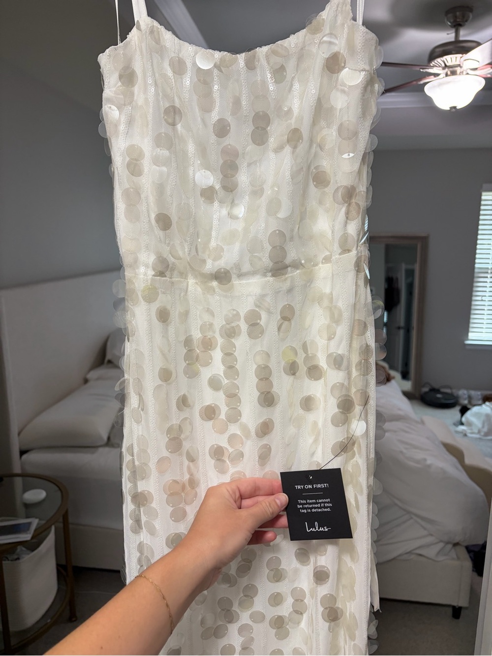 Lulu’s White Sequin Sparkle Spaghetti Strap Dress